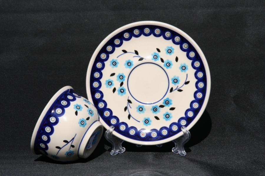 Boleslawiec Cup & Saucer set Baby Blue Flowers - Click Image to Close
